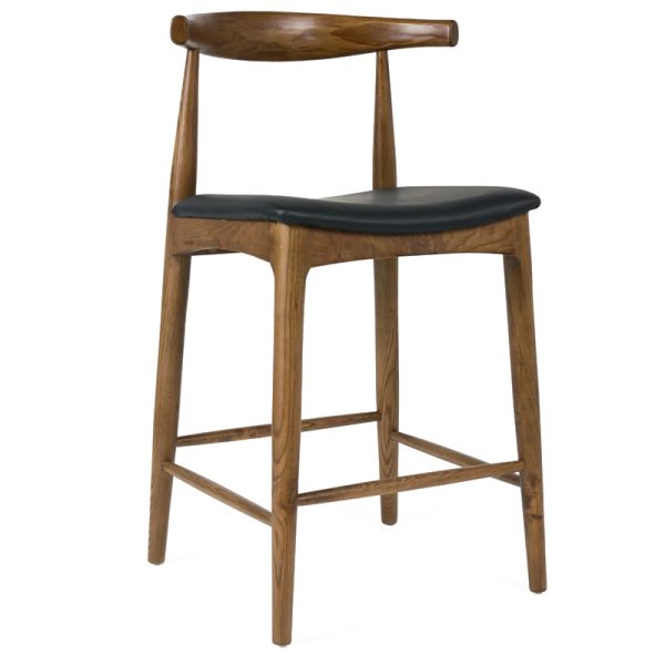 Zinzan Wegner Style Walnut Elbow Bar Stool Black Leather Seat